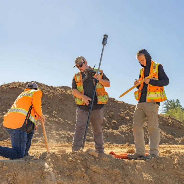 Three construction workers in safety vests survey and dig at a dirt excavation site