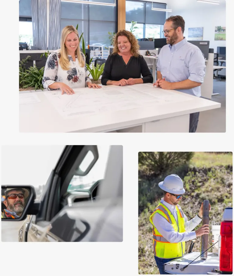 Collage showing three colleagues reviewing plans in an office and field workers conducting roadside utility work