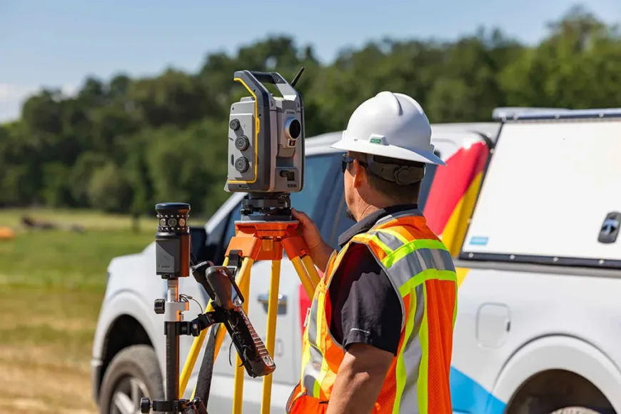 Surveyor operating a total station beside a utility vehicle