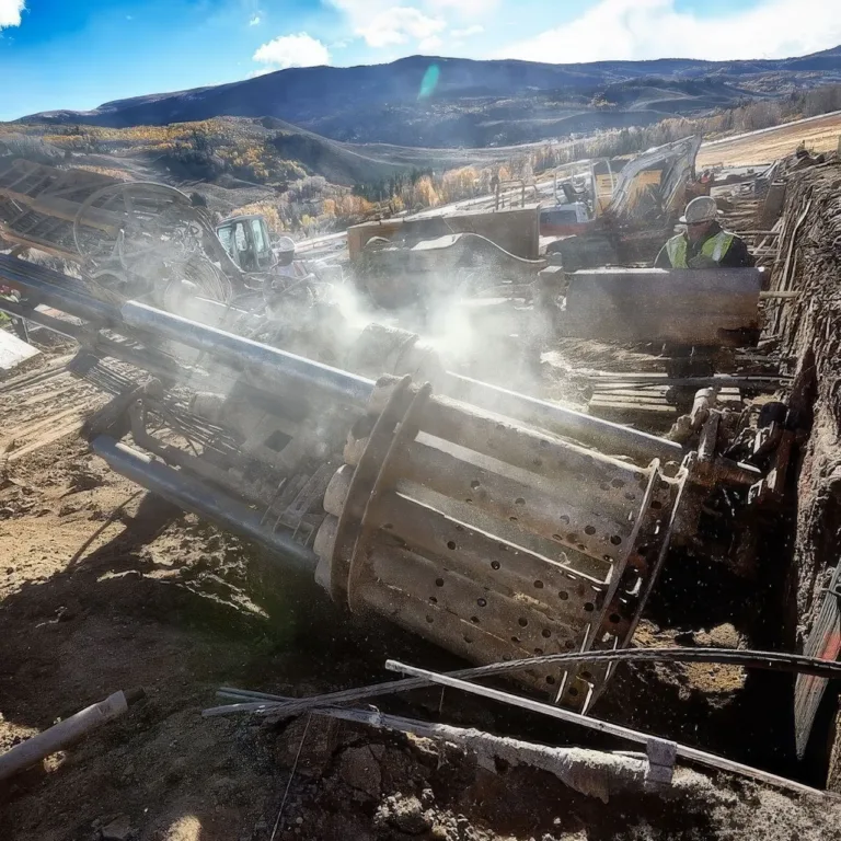 Worker operating heavy mining equipment at an open-pit mine, with mountains visible in the background